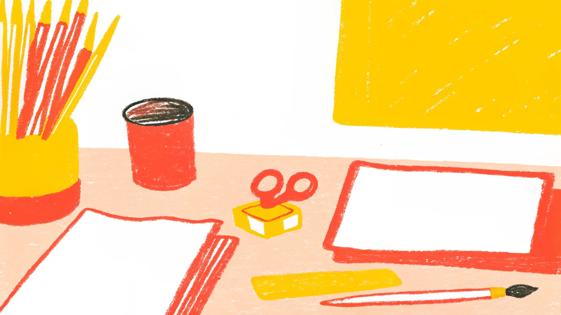 色鉛筆や絵の具、はさみと白い紙が並んだ手作りの道具