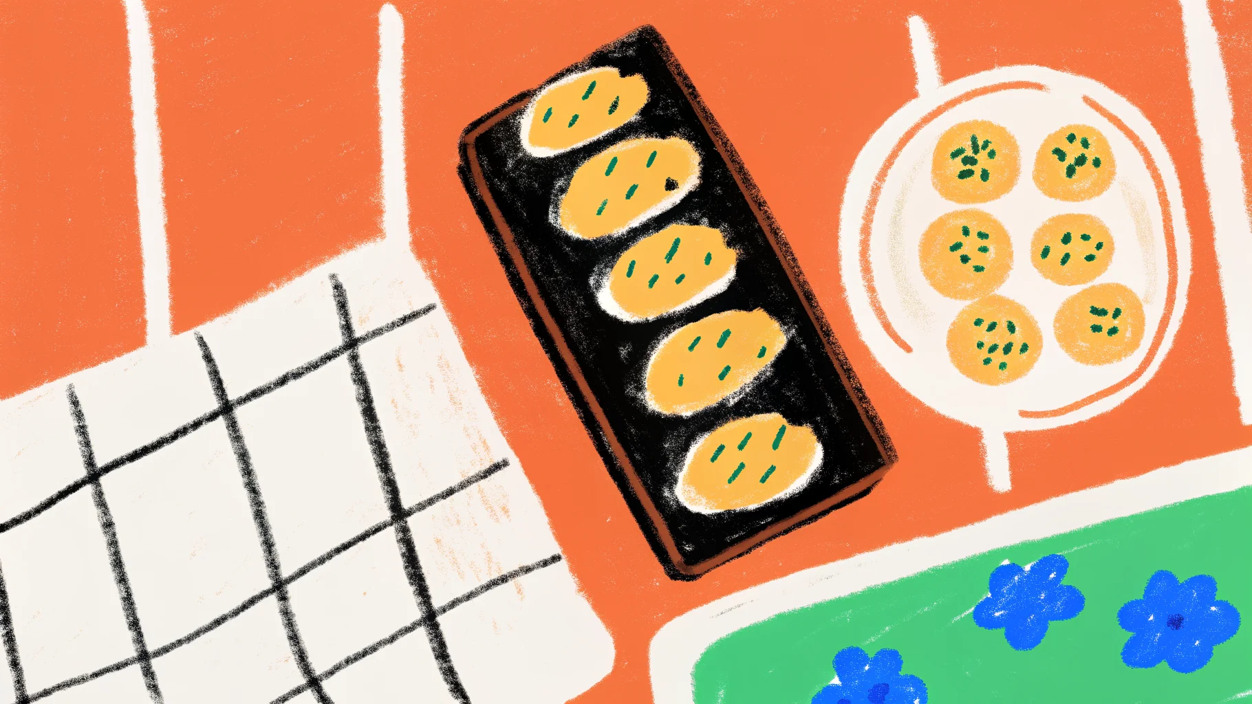 個包装の焼き菓子とタオルを木製トレーに並べた静物